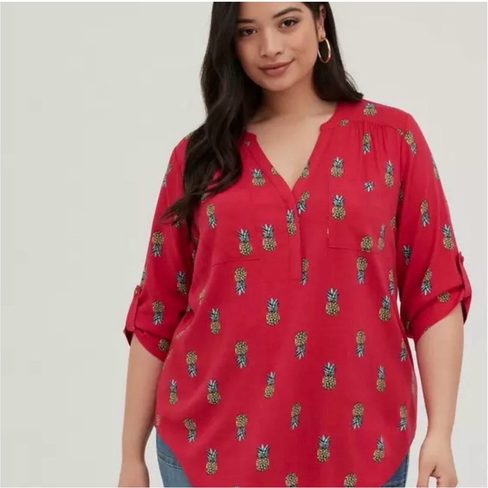 Torrid Red Green Boxy Blouse with Mandarin Collar
